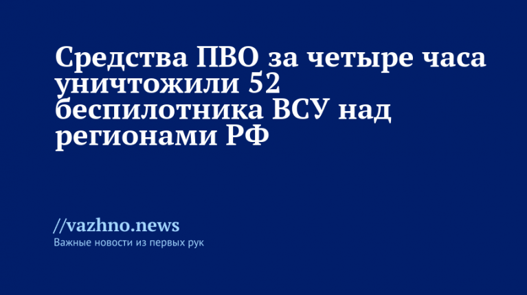 Средства ПВО за 4 часа уничтожили 52 беспилотника ВСУ над регионами РФ